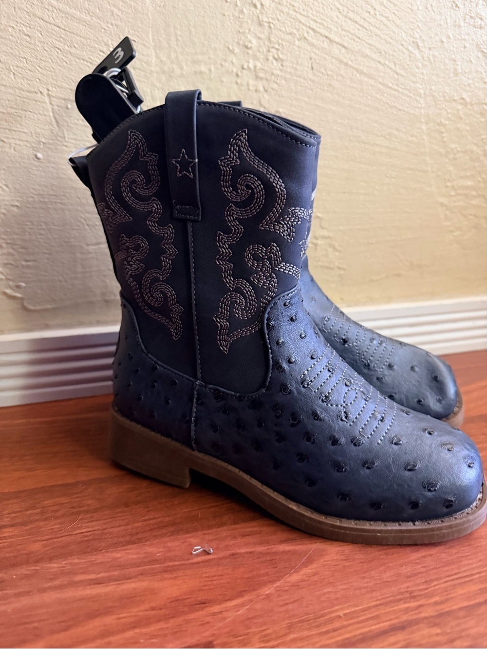 PAWZ Kids Black Western Cowboy Boots with Embossed Stitching